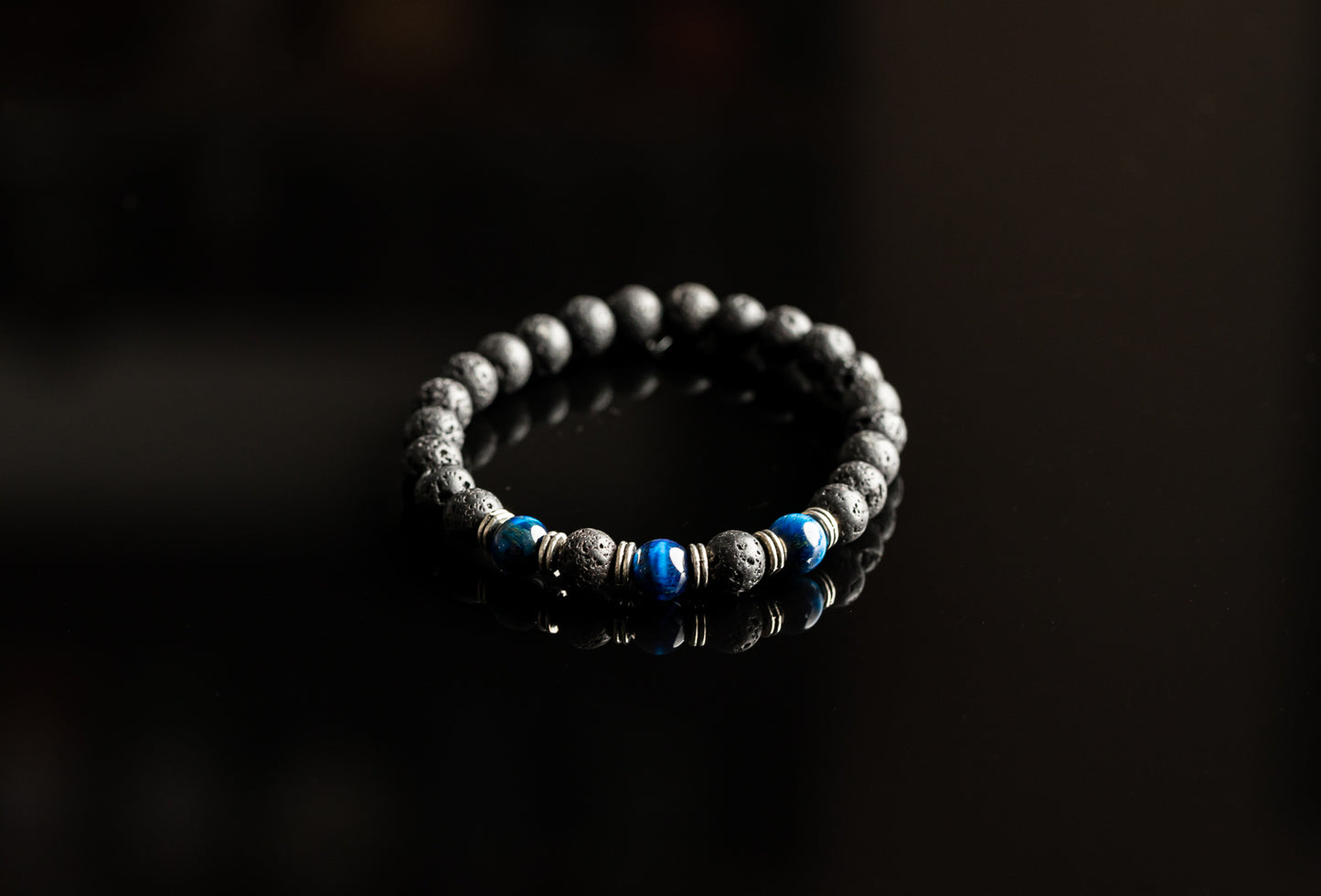 Unique Bracelet - Blue Tiger eye / Lava beads / Silver bracelet