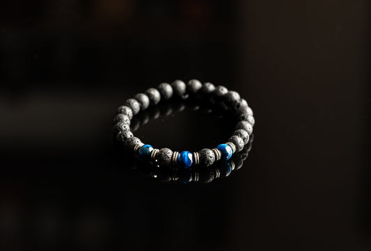 Unique Bracelet - Blue Tiger eye / Lava beads / Silver bracelet