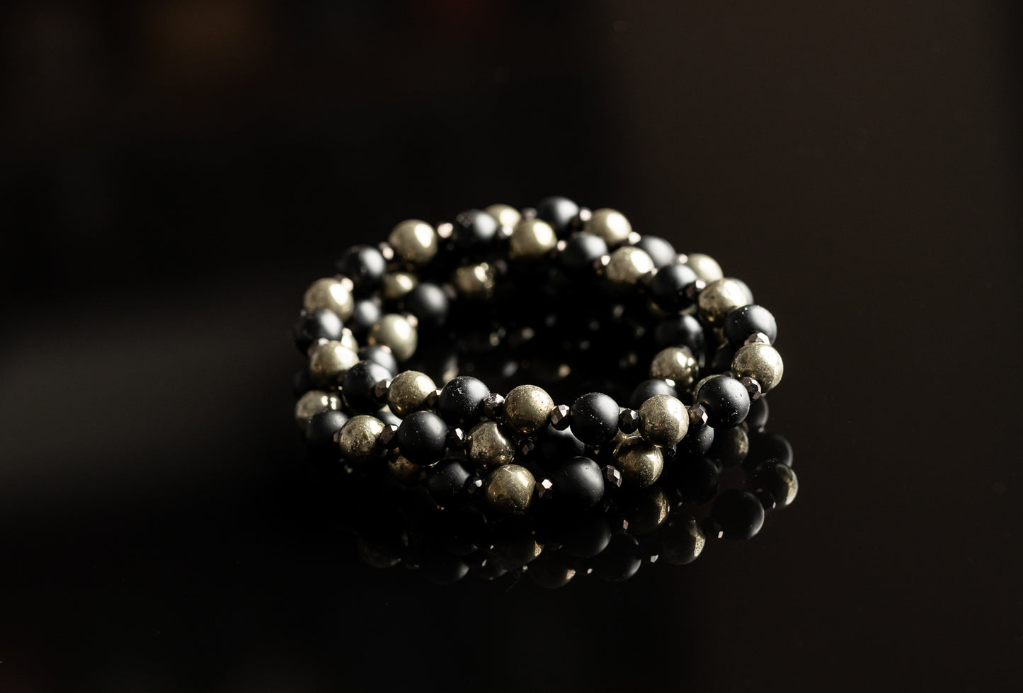 PYRE COLLECTION - Pyrite / Matt Onyx / Silver bead bracelet