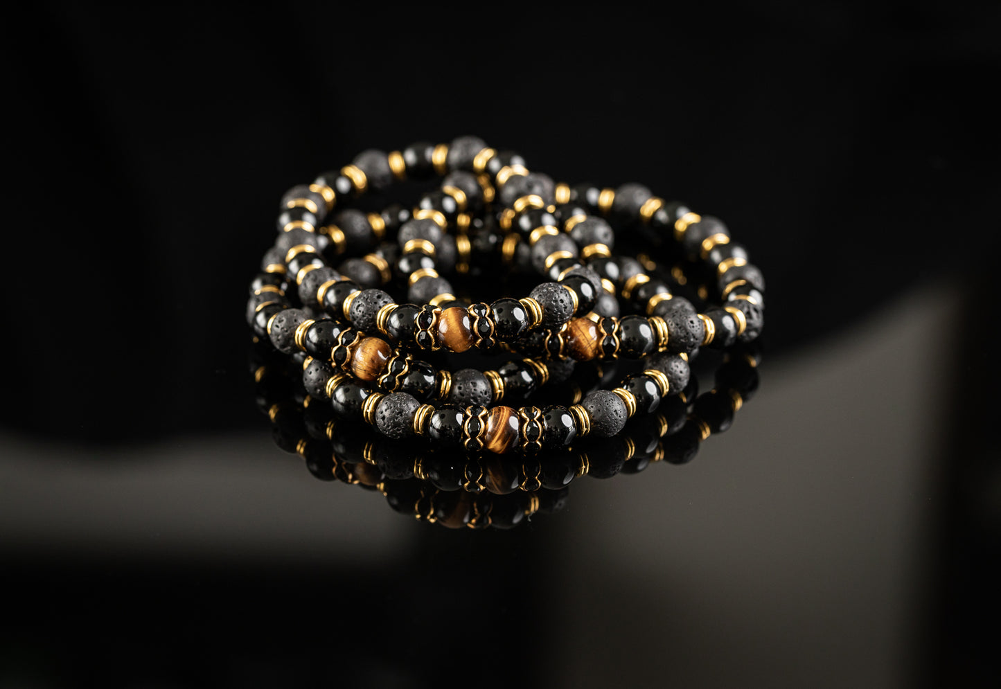 DURGA COLLECTION - Tiger Eye / Onyx / Lava / Gold bracelet