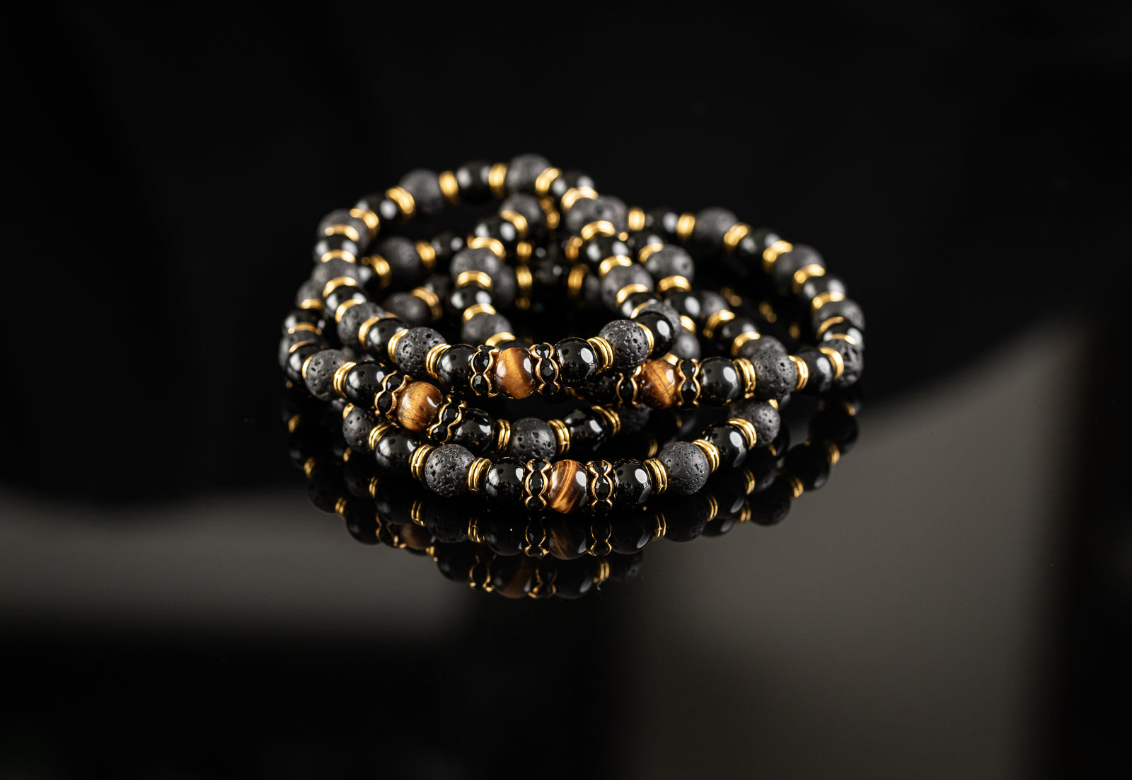 DURGA COLLECTION - Tiger Eye / Onyx / Lava / Gold bracelet