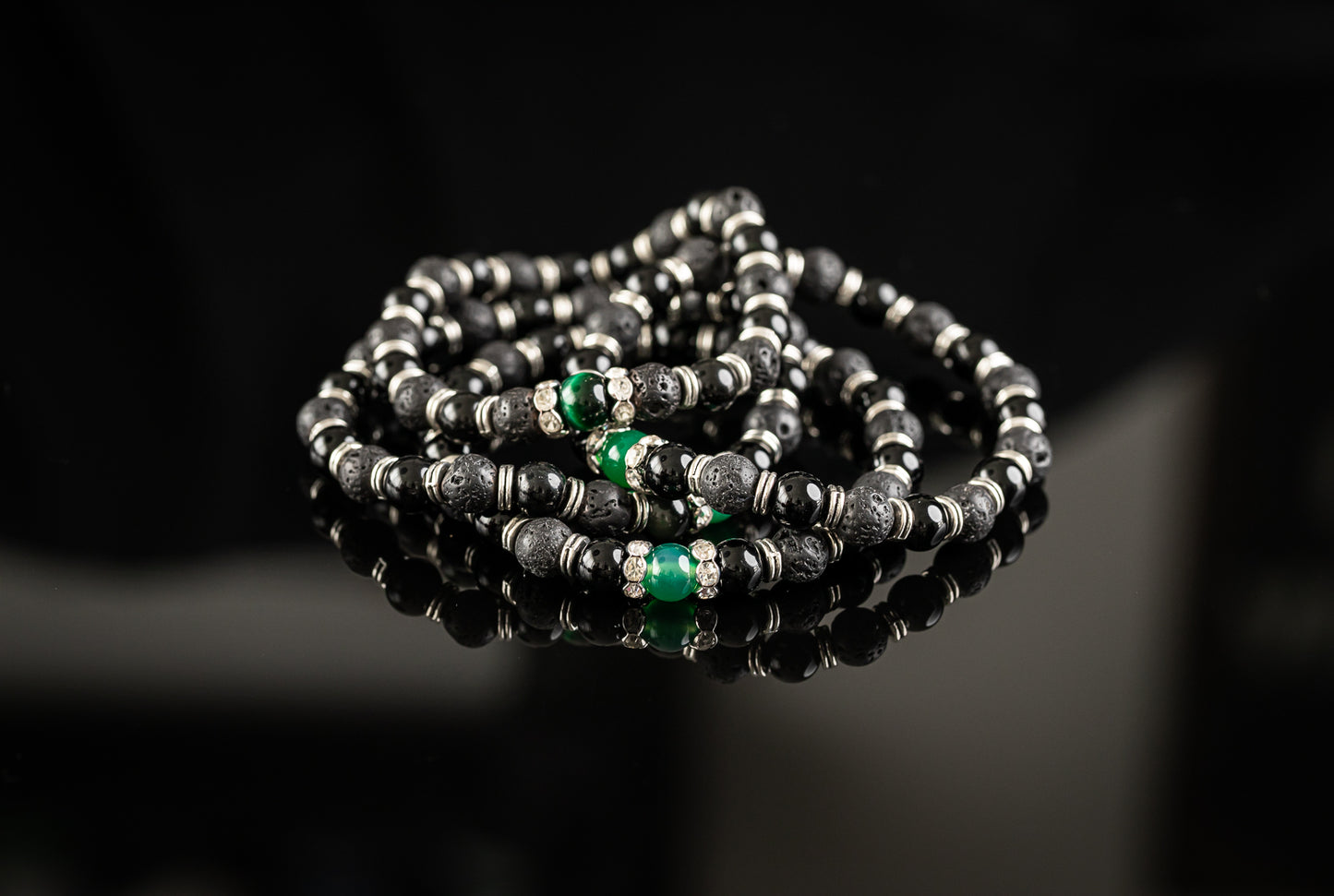 DURGA COLLECTION - Green Aventurine / Onyx / Lava / Silver bracelet